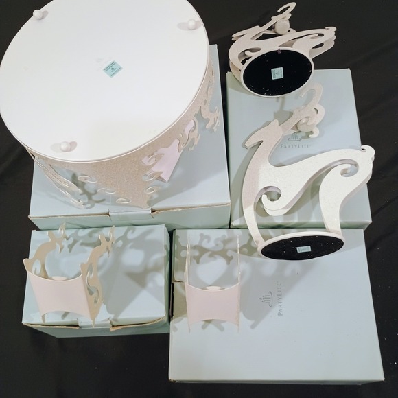 PartyLite Winter Reindeer Candle Holder Set White Glitter 5 Piece Holiday Decor - Picture 4 of 5